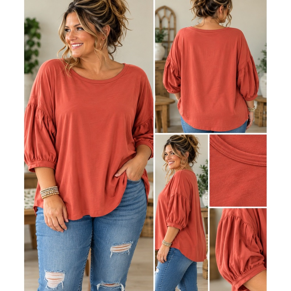 Umgee USA 1XL Rust Coral Balloon Sleeve Oversized Top Boho Coastal Casual